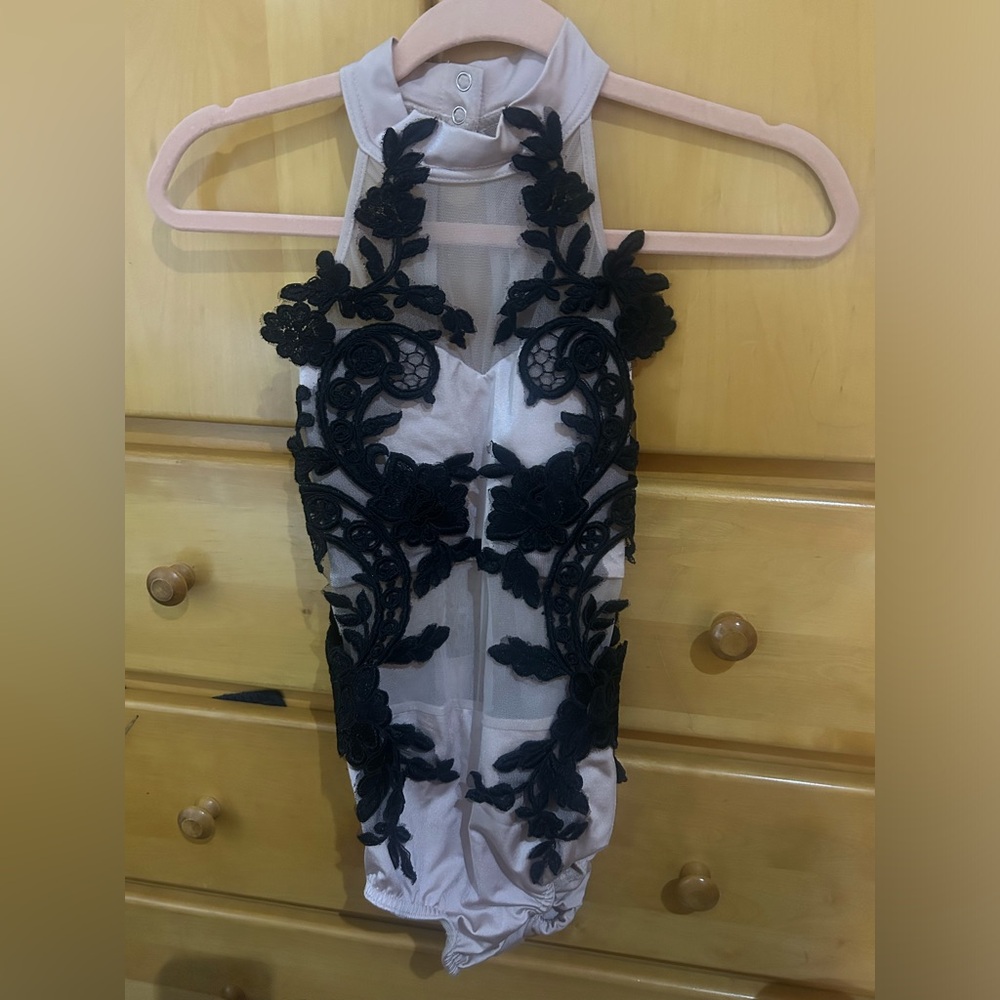 Beautiful lyrical Leotard with black lace, lace wrap around headpiece included